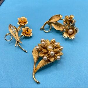 Vintage Gold Tone Faux Pearl Floral Brooch Bundle of 3 Grannycore Naturecore